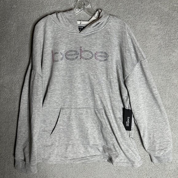 Bebe Sport Women’s 2X Hoodie Sweatshirt Heather Gray Rhinestone Logo Athleisure - Picture 1 of 14